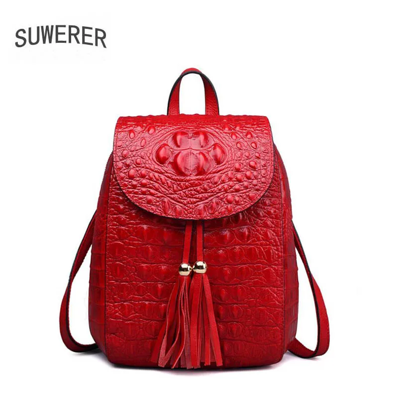 

SUWERER New Real Cowhide Crocodile Pattern Women Backpack Fashion Women Genuine Leather Backpack Luxury Famous Brand Female Bag