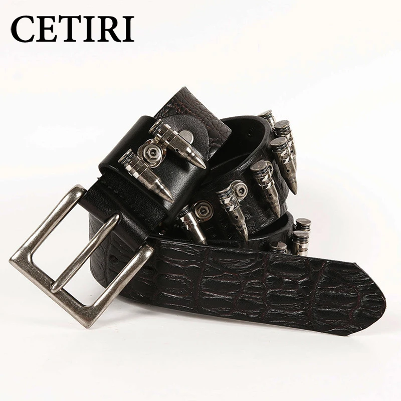 CETIRI Unisex Punk Bullet Decoration Belt Top Quality Genuine Leather Belts Crocodile Pattern First Layer Cowhide Waist Belt