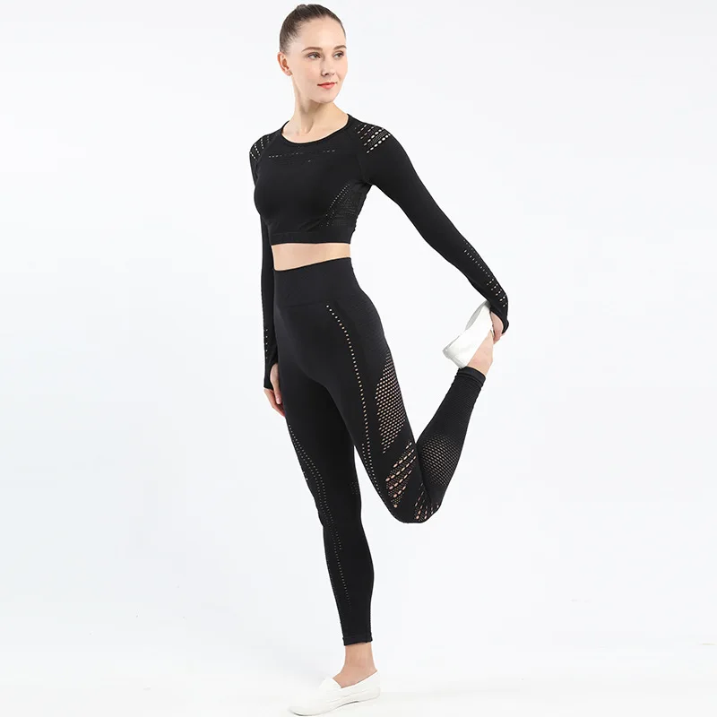 

2020 New Sportswear Sexy Crop Top and Leggings Hollow out Gym Tracksuit 2 piece Set Women Workout Fitness Seamless Clothes Pants