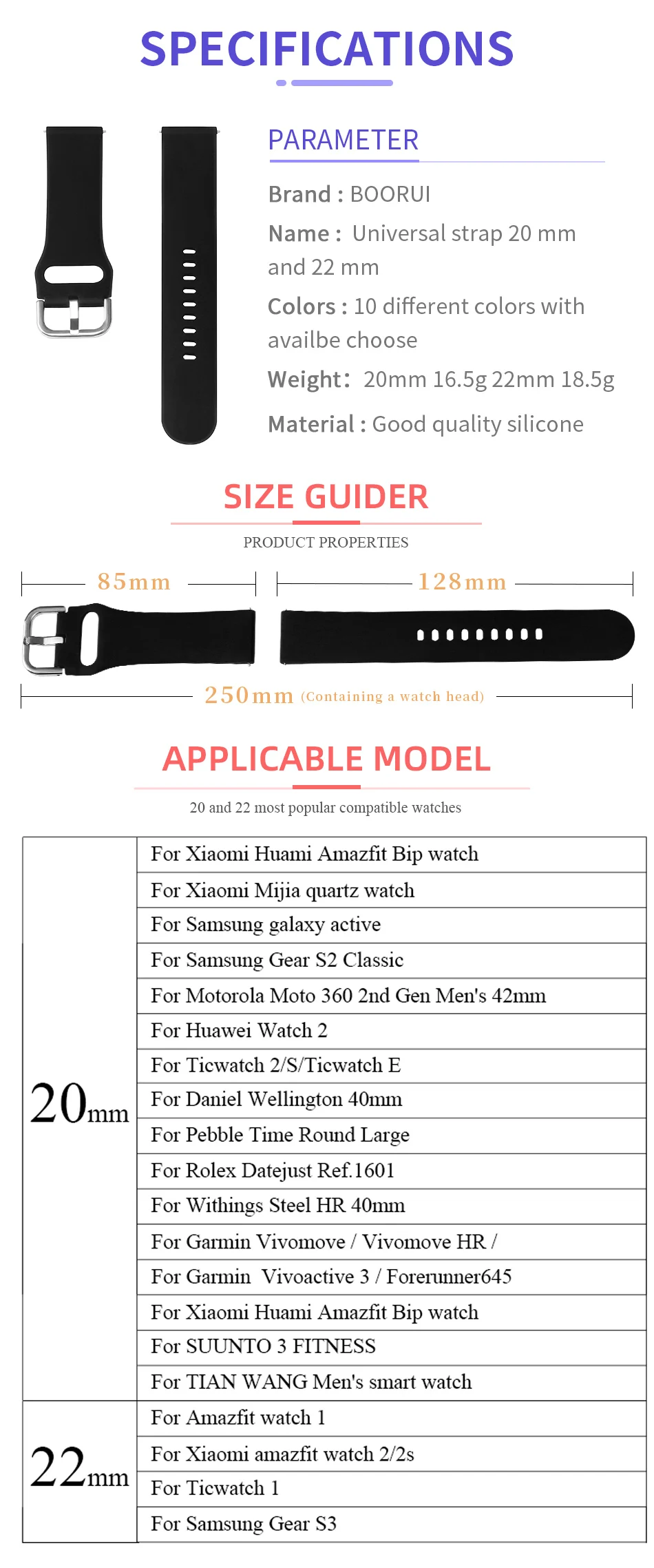 Силиконовый ремешок BOORUI для браслета Huami Amazfit Bip 20/22 мм для samsung Galaxy watch Active Band с модными цветами