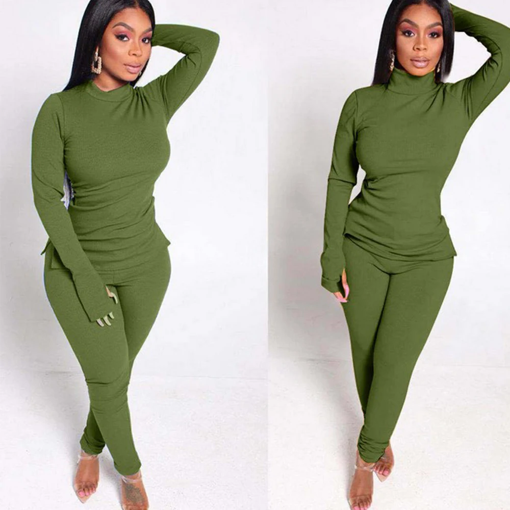 

Lady Active Wear Solid Women's Set Turtleneck Blouse Tops Pencil Pants Suit Tracksuit Sporty Two Piece Set Fitness Outfit