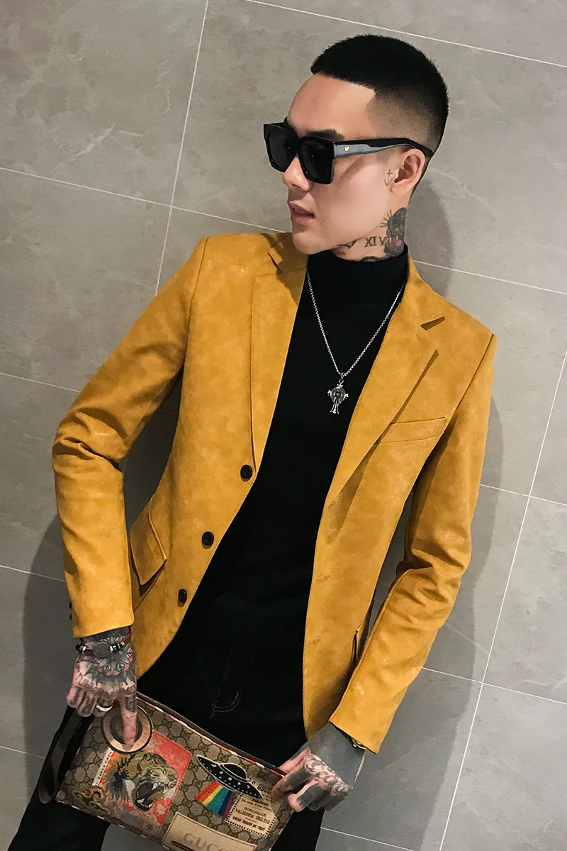 Осенний мужской красивый тонкий кожаный костюм Корейская версия сетчатой