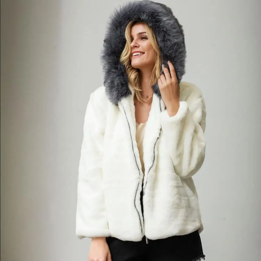 

Модное женское белое меховое пальто с капюшоном из искусственного лисьего меха, плотное теплое меховое пальто на молнии, верхняя одежда, пу...