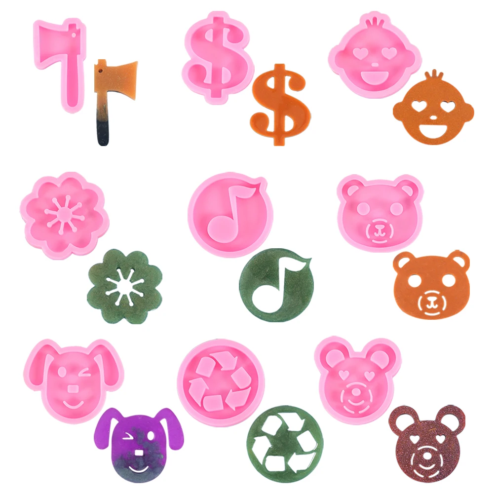 

Pendant Jewelry Casting Silicone Mold DIY Ax Dollar Flower Bear Note Cycle Sign Baby Face Keychain Necklace Earring Craft Making
