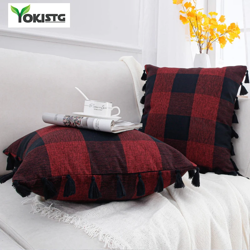 YokiSTG матерчатая подушка в клетку с четырьмя боковыми кисточками|Наволочки| |
