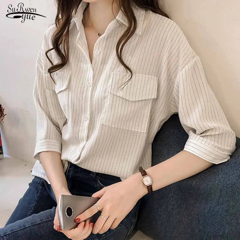

Women Cardigan Loose Slimming Top Plus Size 4XL Half Sleeve Striped Casual Blouse Solid Lapel Pockets Vintage Shirt Blusas 11392