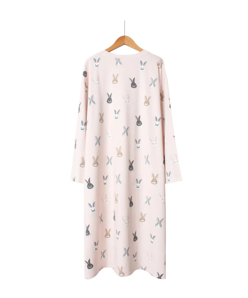 2021 Spring New Cartoon Loose Size Round Neck Nightdress Knitted Cotton Long Sleeve Long Skirt Household Clothes Can Be Worn Out