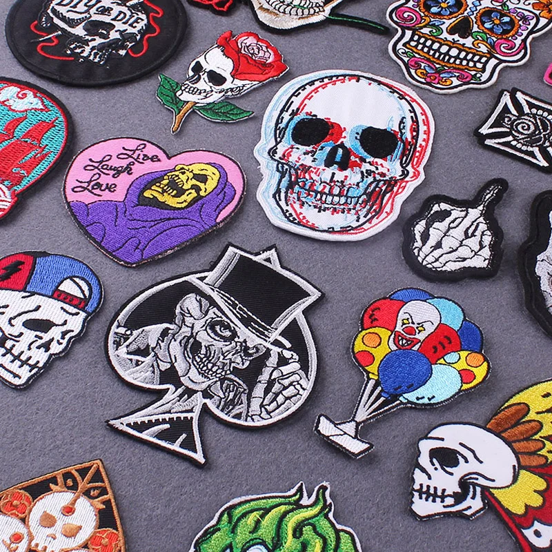 

Punk Patches For Clothing Iron on Patch Embroidery Skull Patches For Clothes Stickers Hippie Rock Embroidered Patch Applique DIY
