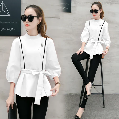 Женская Новинка 2017 модная блузка с воротником стойкой полосатая блуза коротким