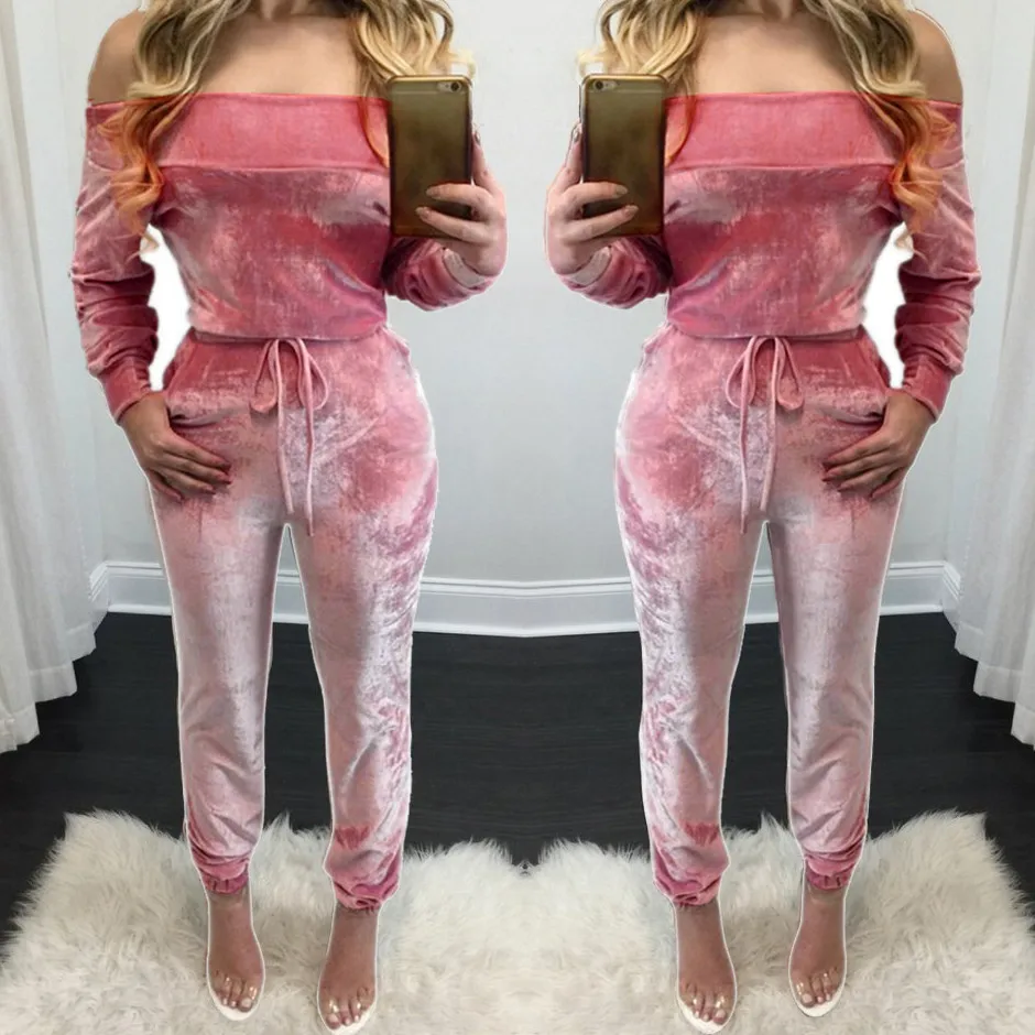 Jumpsuit Women Summer Fashion Sexy Bodysuit Off Shoulder Shiny Velvet Long Rompers Overalls Combinaison Femme Kombinezon | Женская