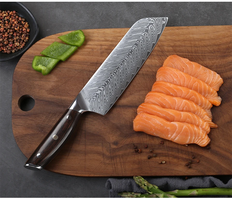 TURWHO, 7 дюймов, японские ножи шеф-повара, дамасская сталь, ножи Santoku, для мяса, фруктов, овощей, Профессиональный кухонный нож