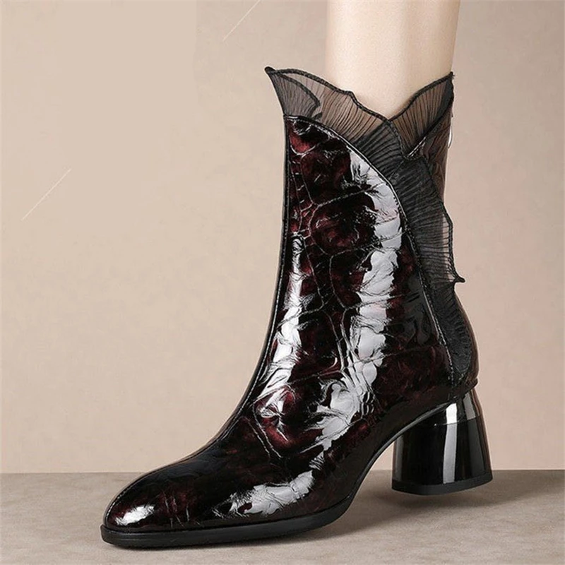 

Lace Block Heel Ankle Boots Woman Fall Winter Warm Shoes Short Boots Women's Booties Square Toe Patent Leather Fashion Zip