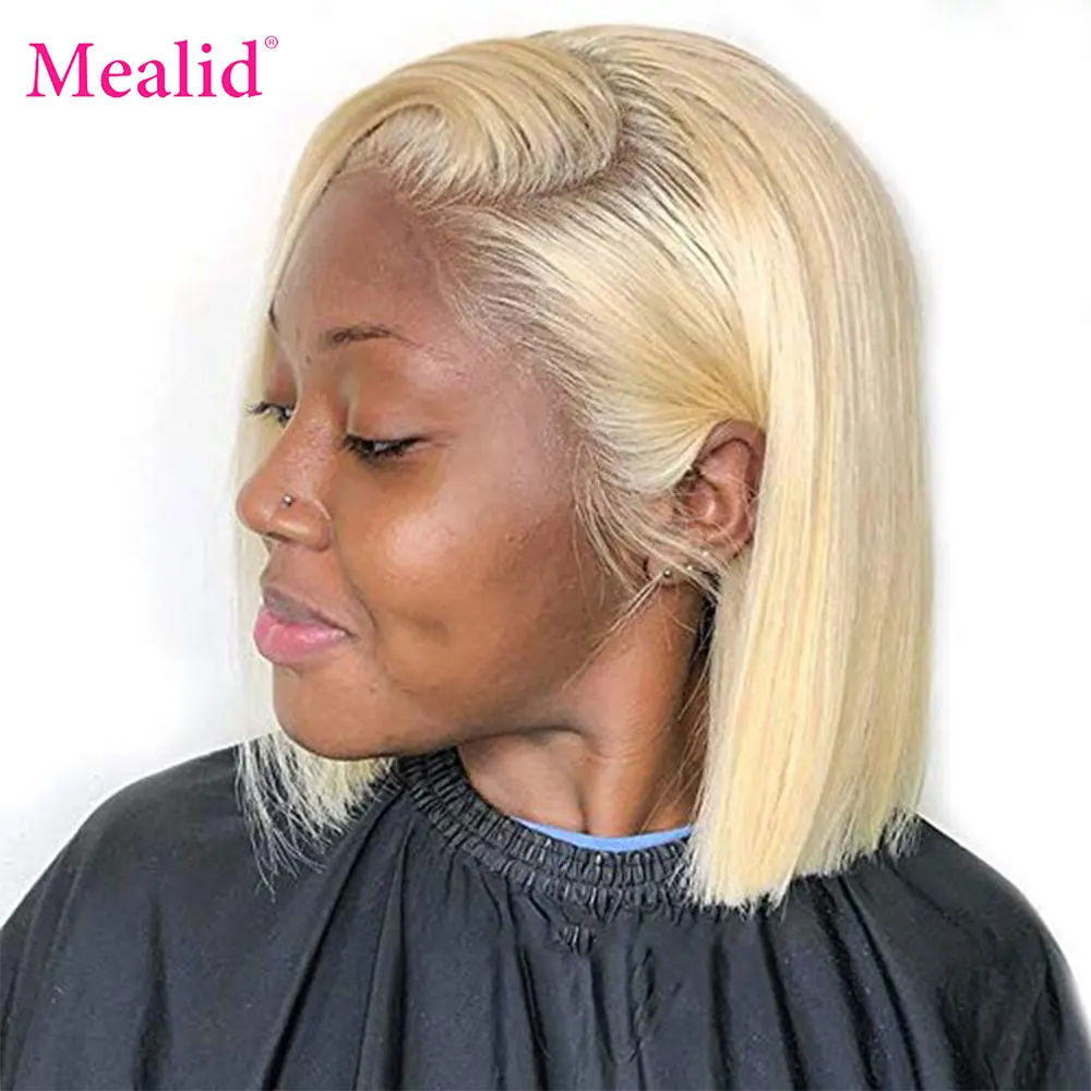 

Парик 613 блонд прямой короткий Боб из человеческих волос для женщин бразильский парик Remy на сетке спереди цветной 13x4 предварительно выщипан...