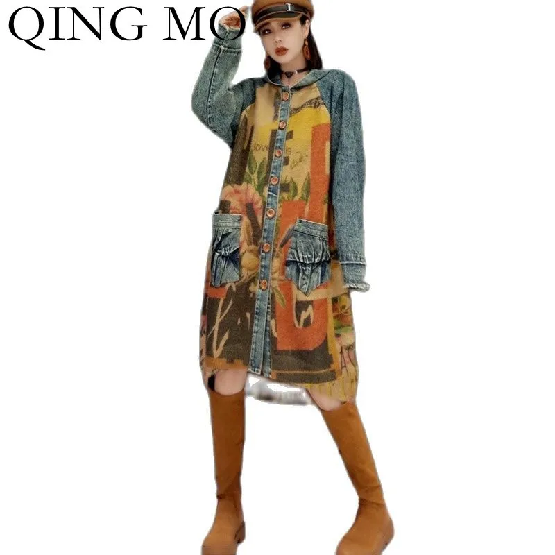 

QING MO Fashion Retro Printed Denim Stitching Cardigan Sweater Women 2021 Autumn New Loose Knitted Hooded Sweater Coat ZWL901