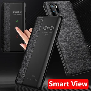 genuine leather flip cover for huawei p30 pro p20 pro p40 pro case luxury original smart touch view wake sleep up protection free global shipping