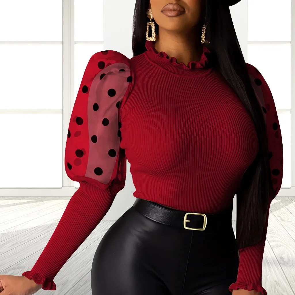 Женская мода сплошной печати точка сшивание пузырь лепесток с длинным рукавом