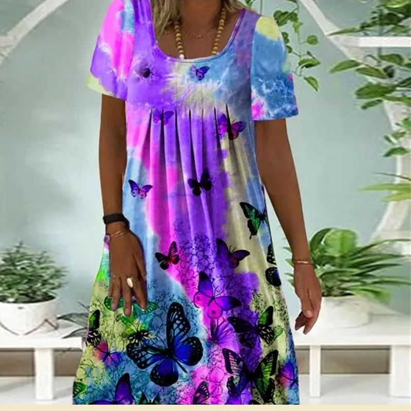 

Women's 2021 Summer Autumn Short Sleeve Round Neck Pleated Printed All-Match Dress Women Fashion Casual Loose Dress