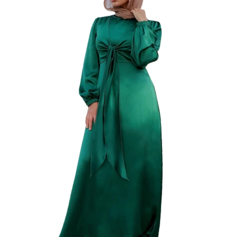 

X5XE Women's Round Neck Muslim Dress Long Sleeve Maxi Robe Abaya Elegant Islam Clothing with Lace Up for Ordinary Party