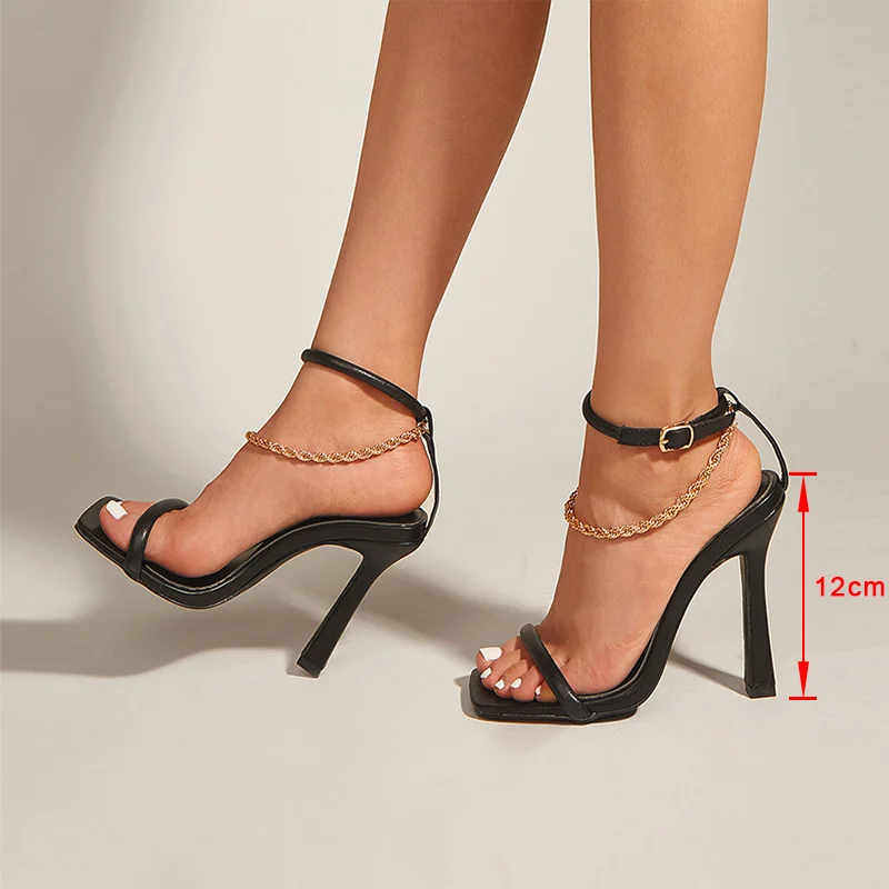 

2021 Women's Metal Chain Sandals Fashion High Heels Ladies Square Toe Shoes Sexy Women Buckle Shoe Female Footwear Summer New