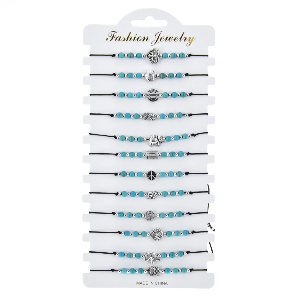 Boho Женщины 12 шт./компл. серебряный с натуральным камнем сердце черепаха талисманы браслет из бисера переплетения Регулируемая Веревка цепь Сова браслет ювелирные изделия