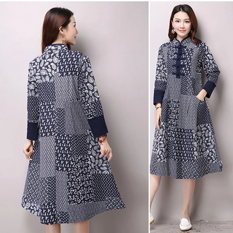 Осеннее элегантное удобное женское платье большого размера свободное хлопковое