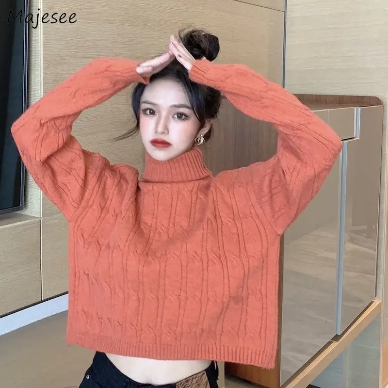 

Pullovers Women Solid Turtleneck Leisure Warm Simple Lazy Long Sleeve Knitting Short Style Kroean Ulzzang Daily Female Sweaters