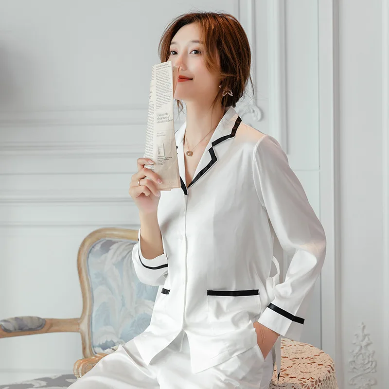 

Fashion Silk Pajamas 2-Piece Set 2021 Spring Satin Full Sleeve Trousers Lapel Sleepwear Simple Graceful Elegant Nightwear Women