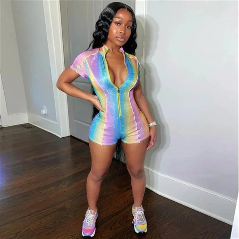 

Colorful Rainbow Tie Dye Pattern Short Bodysuit Women Summer Zip Up Casual Short Sleeves Leotard Playsuit Femme Clubwear Rompers