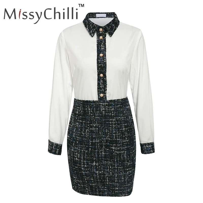 MissyChilli Tweed patchwork sexy white dress Women autumn elegant mini blouse Female party club short shirt winter | Женская одежда
