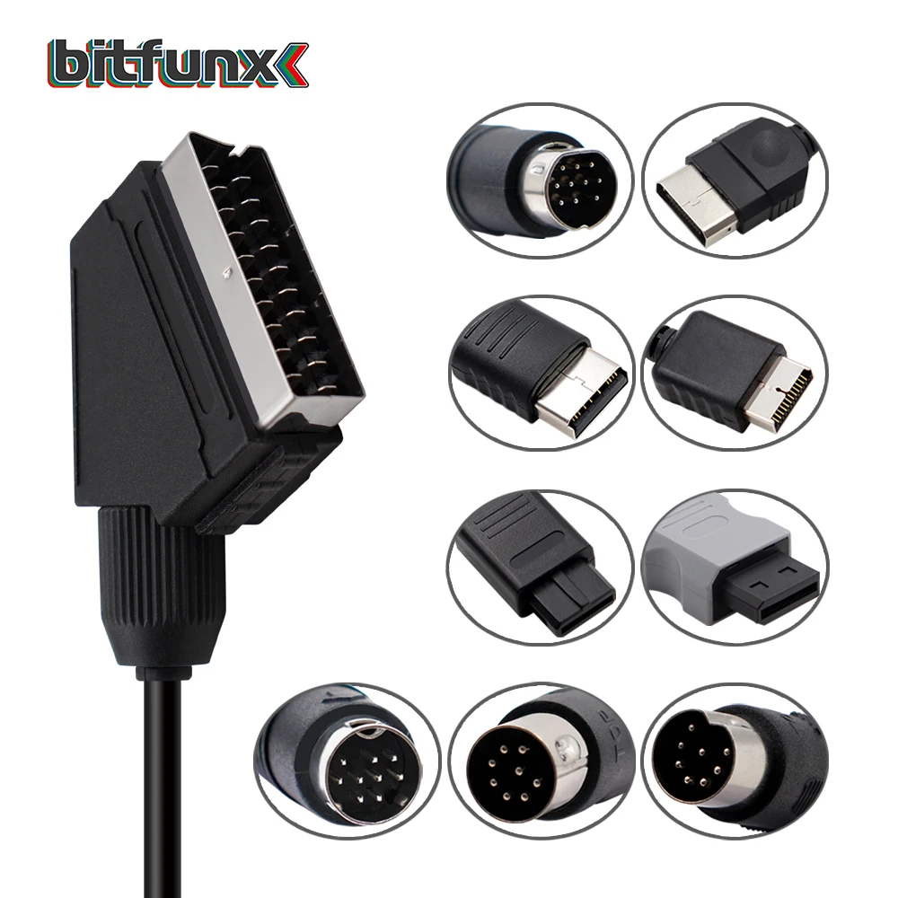 Кабель Bitfunx Scart 1 8 м для PS2/PS1/Dreamcast/SEGA MD1/MD2Megadrive 1/Genesis 1/XBOX/WII/Saturn кабель