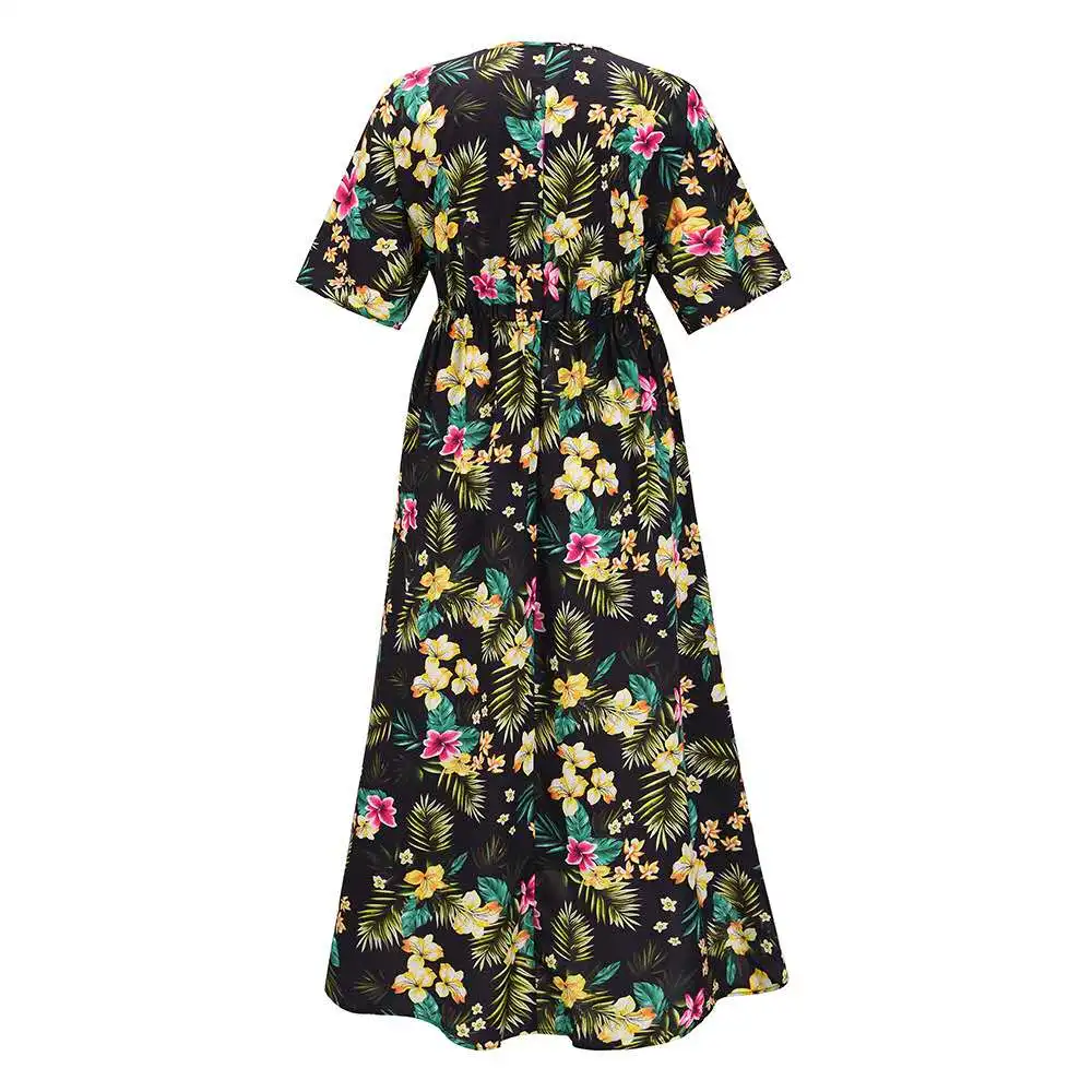 

Printed V-neck Summer European and American Dress Bohemian Floral Skirt European and American Women's Long Skirt