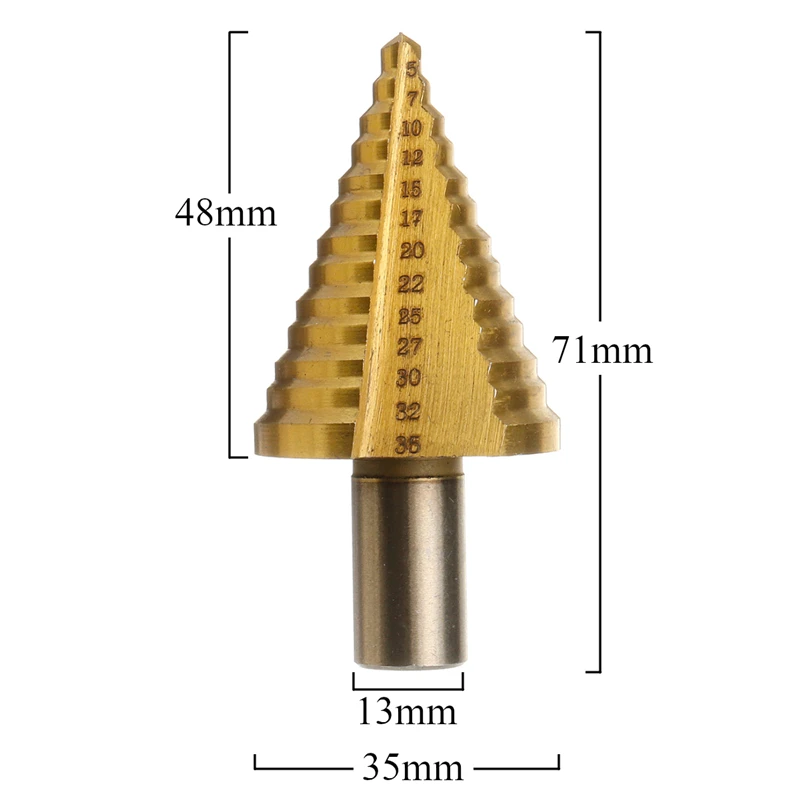 

5-35 mm 13 Step HSS Cone Drill Bits Hole Cutter Bit Set Shank Wood Metal Drilling Fluted Edges Step Drill Bit Reamer Triangle