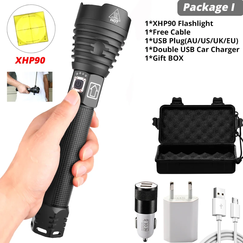 Супер мощный Xlamp XHP70.2 XHP90 светодиодный фонарь USB XHP50 лампа Zoom тактический фонарь 18650 26650 перезаряжаемый аккумулятор - Испускаемый цвет: Package I-XHP90