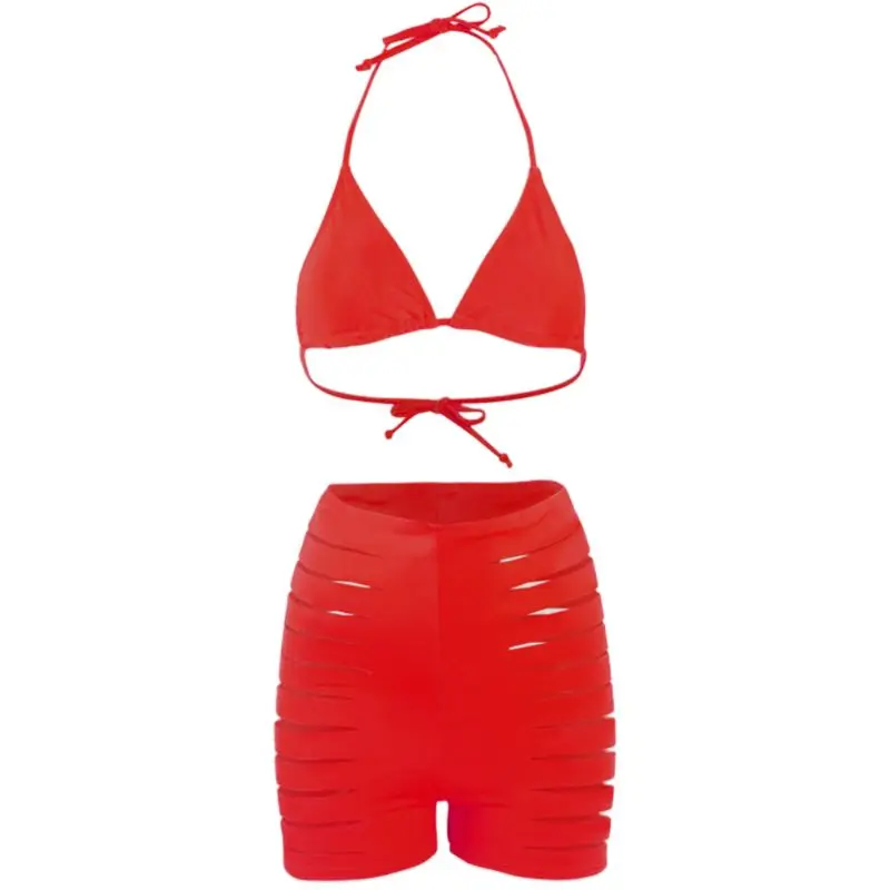 

Women Sexy Neon Solid Brazilian Bikini Halter Padded Hollow Out Shorts Swimsuit