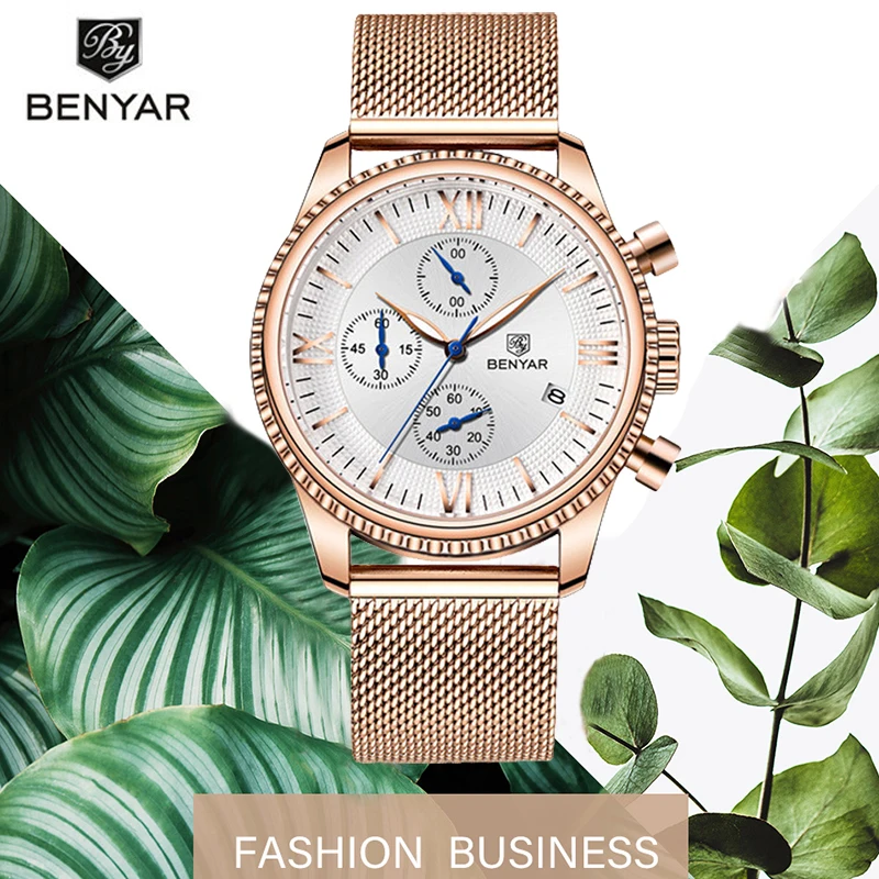 Часы BENYAR женские с сетчатым ремешком брендовые золотистые модные