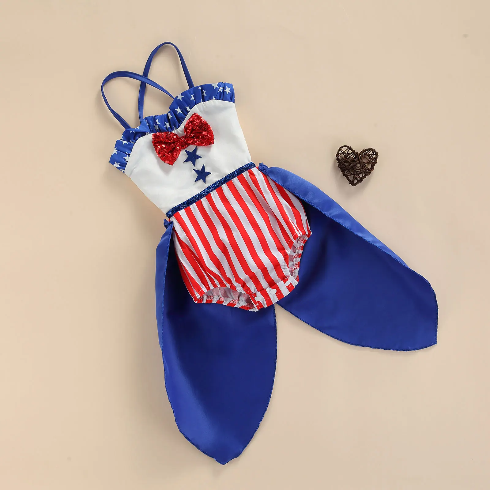 

Kid Camisole Romper Independence Day with Bow Decoration Vertical Stripes Printing Summer Clothing
