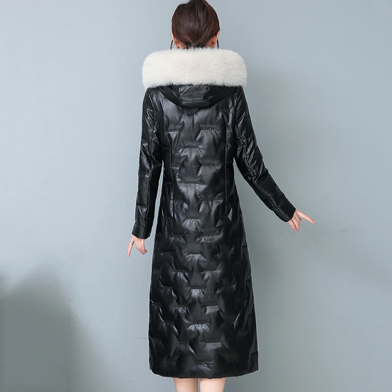 New Women Leather Down Jacket Autumn Winter 2022 Fashion Real Fox Fur Collar Hooded Embroidery Slim Long Sheepskin Down Coat