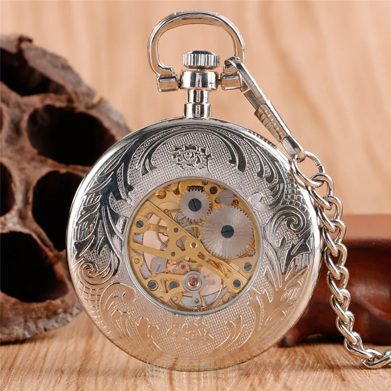 Silver Antique Watch Men Women Skeleton Handwinding Mechanical Pocket Watches Roman Number Dial 30Cm Fob Chain Relogio De Bolso