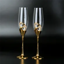2Pcs/Set Wedding Crystal Champagne Glasses Gold Metal Stand Flutes Wine Glasses Goblet Party Lovers Valentines Day Gifts 200ml