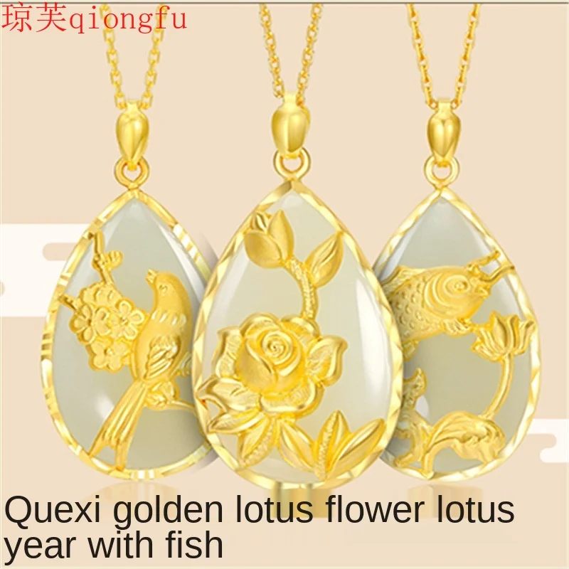 

2021 Chinese style necklace original gold-plated lotus flower Hetian jade jasper pendant heritage bird pendant necklace jewelry