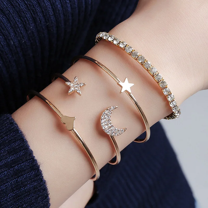 

Ladies Alloy Diamond Five-pointed Star Moon Open Bangle Bracelet Set of 4