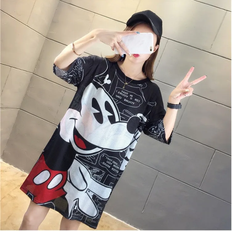 

Mickey Mouse T-Shirt Dress Midi Dresses for Lady Loose Casual Summer Beach Short Sleeve Ice Silk Mesh Robe Femme Korean Vestido