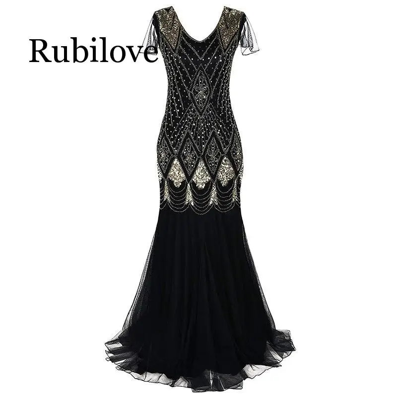 

Floor Length Dress Vintage Autumn Women Sequins Maxi Dress Beaded Flapper 1920s Club Party Gown Mermaid Dress