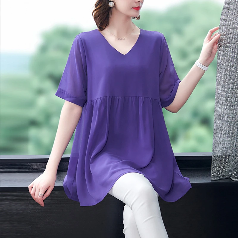 2021 Новые Летние шифоновые Блузы с коротким рукавом рубашки для женщин