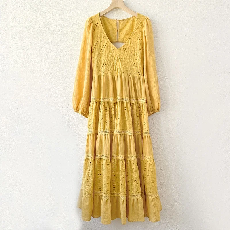 

Elegant Backless Hollow Out Dresses for Women Loose Simple Lantern Sleeve One Piece 2021 Spring New Fashion Office Lady Vestidos