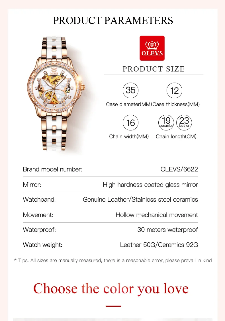 Presentes do Dia dos Namorados Automático para Mulher Mecânica de Aço Relógio das Senhoras Olevs Relógio Borboleta Dial Luxo Inoxidável Cerâmica 6622 8 automático para mulher borboleta dial luxo mecânica