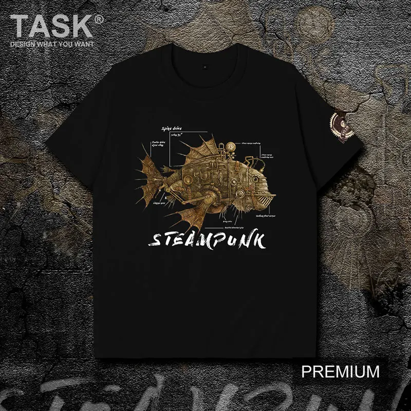 Футболка в стиле стимпанк с изображением механической летящей рыбы хлопковая