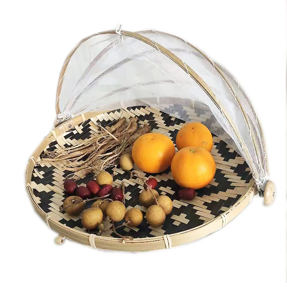 

Bamboo Anti-mosquito Storage Baskets Foldable Hand-Woven Food Serving Tent Dustpan Fruit Dustproof Cover Picnic Mesh Net Tent