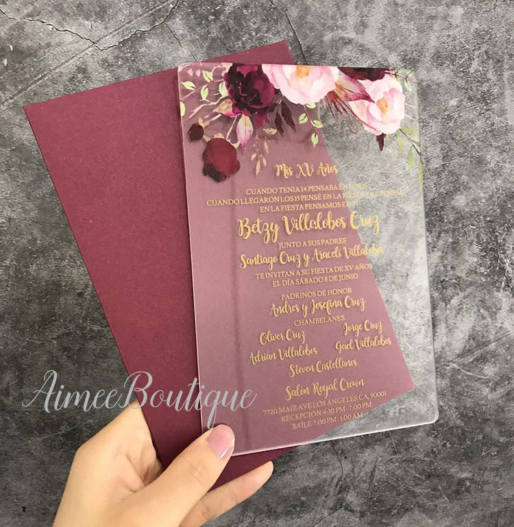 Бордовые Цветочные акриловые свадебные приглашения AI017 | Дом и сад