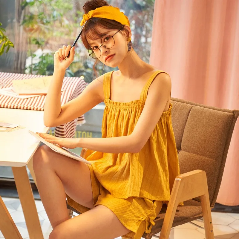 

Pajamas Ladies Sling Pajamas Women Summer Cotton Shorts Cute Sweet Girl Home Clothes 2 Piece Set Sexy Pajamas for Women